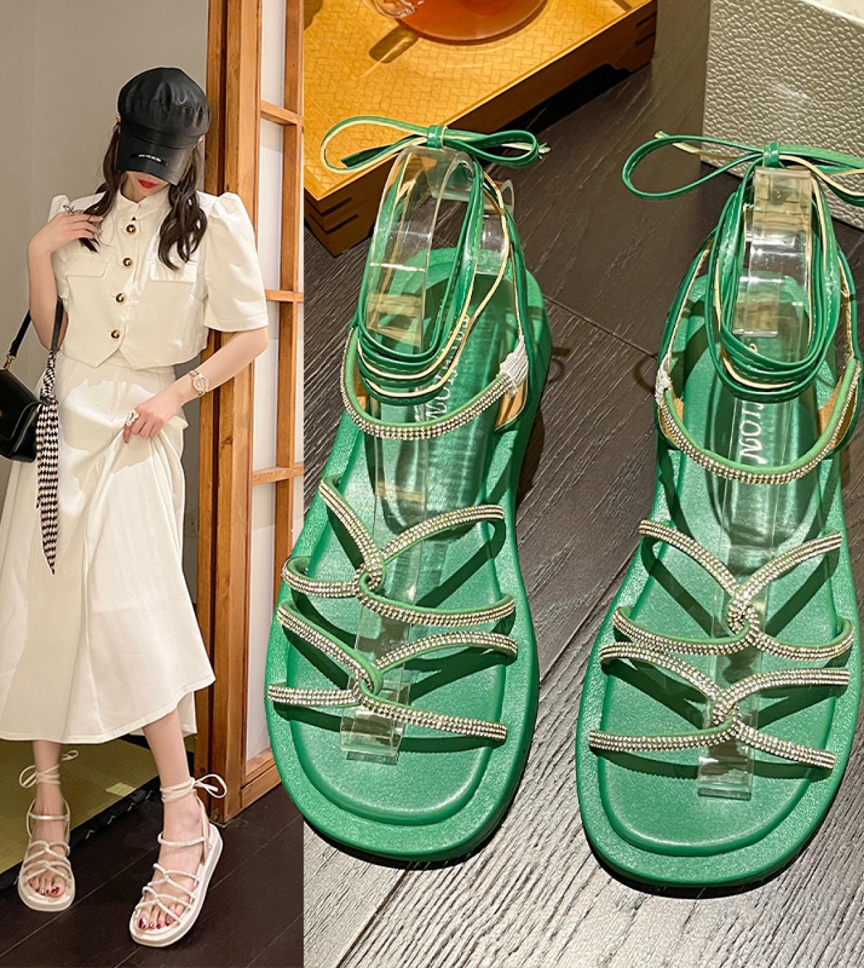 New Green Clip Toe Cross Strap Gladiator Sandals Women Square Toe Stiletto  Heels Shoes Woman Summer Pu Leather Sandalias