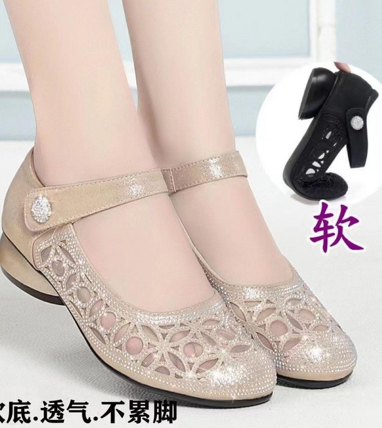 High Quality Microfiber Cowhide Mesh Rhinestones Sandals Thick Heel Shoes Woman Fashion Sandals 2022 High End Banquet Sa