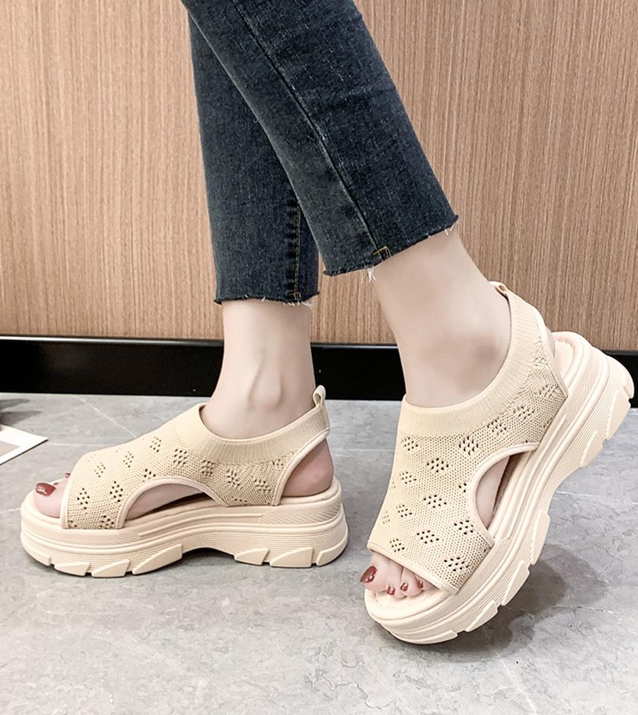 Platform Sandals Women Wedge High Heels Shoes Air Mesh Summer Stretch Cotton Fabric Woman Sandal Plus Szie 40
