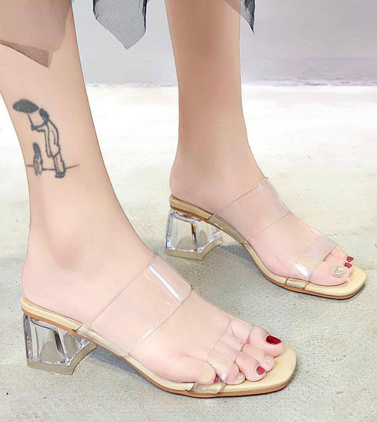 Hot Clear Heels Slippers Women Sandals Summer Shoes Woman Transparent High Pumps Wedding Jelly Buty Damskie   Square Hee