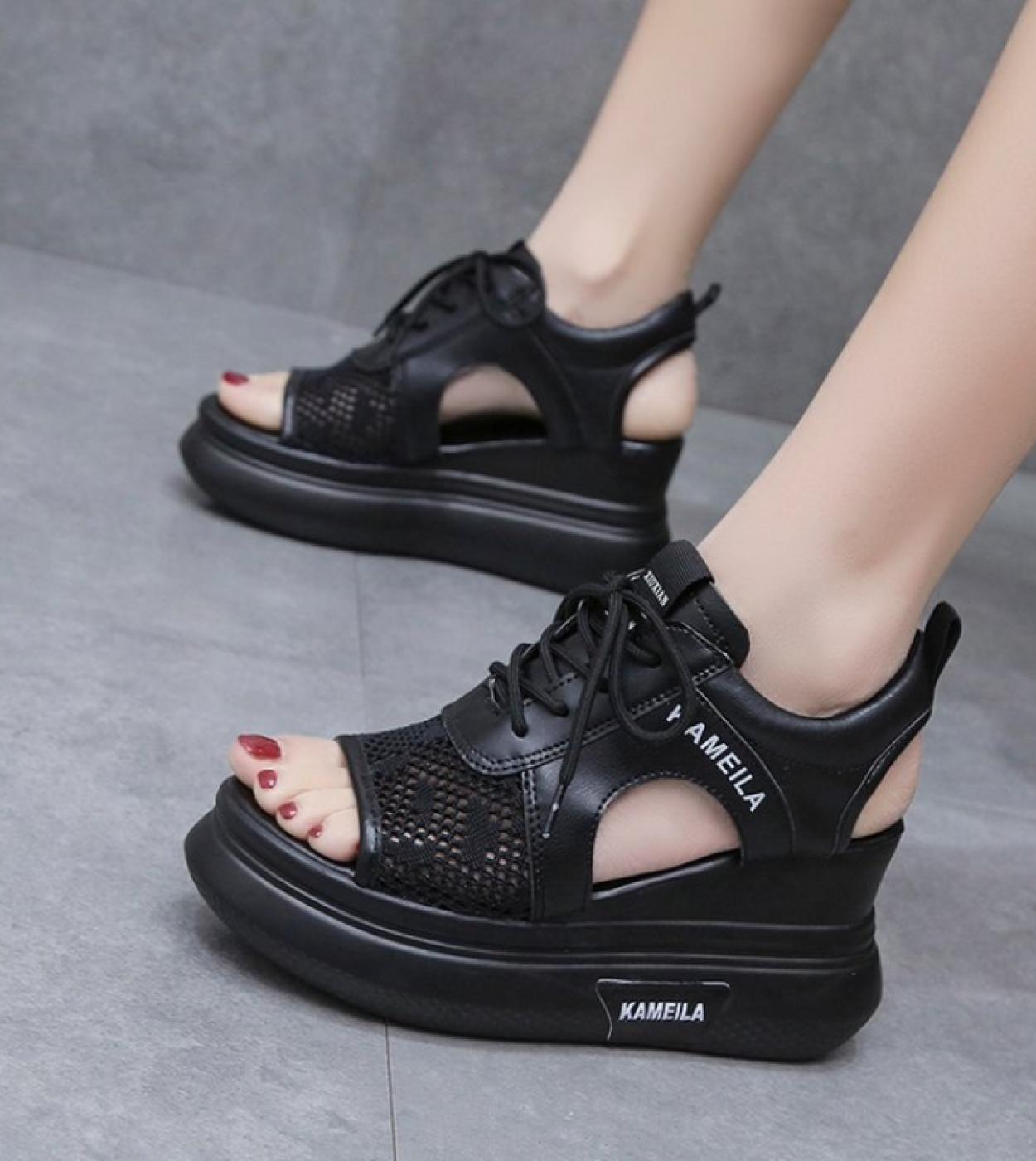 Retro Black Mesh Platform Sandals  Peep Toe Hollow Wedges Heighten Shoes 8cm 2023 Summer Non Slip Air Cushion Tennis Sho