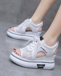 Retro Black Mesh Platform Sandals  Peep Toe Hollow Wedges Heighten Shoes 8cm 2023 Summer Non Slip Air Cushion Tennis Sho
