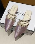 2022 Spring And Summer New Baotou Slippers Womens Outer Wear Rivet Muller Shoes Fashion Lowheeled Lazy Half Slippers  W