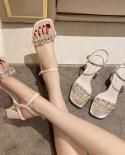 2023 Summer Fashion Thick Heels Slides Sandal Women Ankle Strap  Square Toe Women Crystal Sandals Zapatos De Mujer