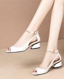 Soft Leather Peeptoe Sandals Woman,2022 Summer  Shoes For Mum,office Lady Low Heels,chain Ankle Strap,white,apricot,drop
