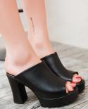 Women  High Heel Mules  Black Peep Toe Platform Mules Ladies Leather Sole Slippers Femal Slip On Sandals Shoeshigh Heels