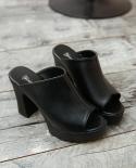 Women  High Heel Mules  Black Peep Toe Platform Mules Ladies Leather Sole Slippers Femal Slip On Sandals Shoeshigh Heels