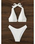 Solide blanc Bikini ensemble 2023 été femmes deux pièces maillot de bain col en V licou à lacets maillot de bain taille haute do