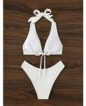 Solide blanc Bikini ensemble 2023 été femmes deux pièces maillot de bain col en V licou à lacets maillot de bain taille haute do
