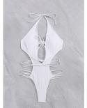 Solide blanc Bikini femmes 2023 taille haute évider une pièce maillots de bain col en V profond pansement Monokini dos nu vêteme