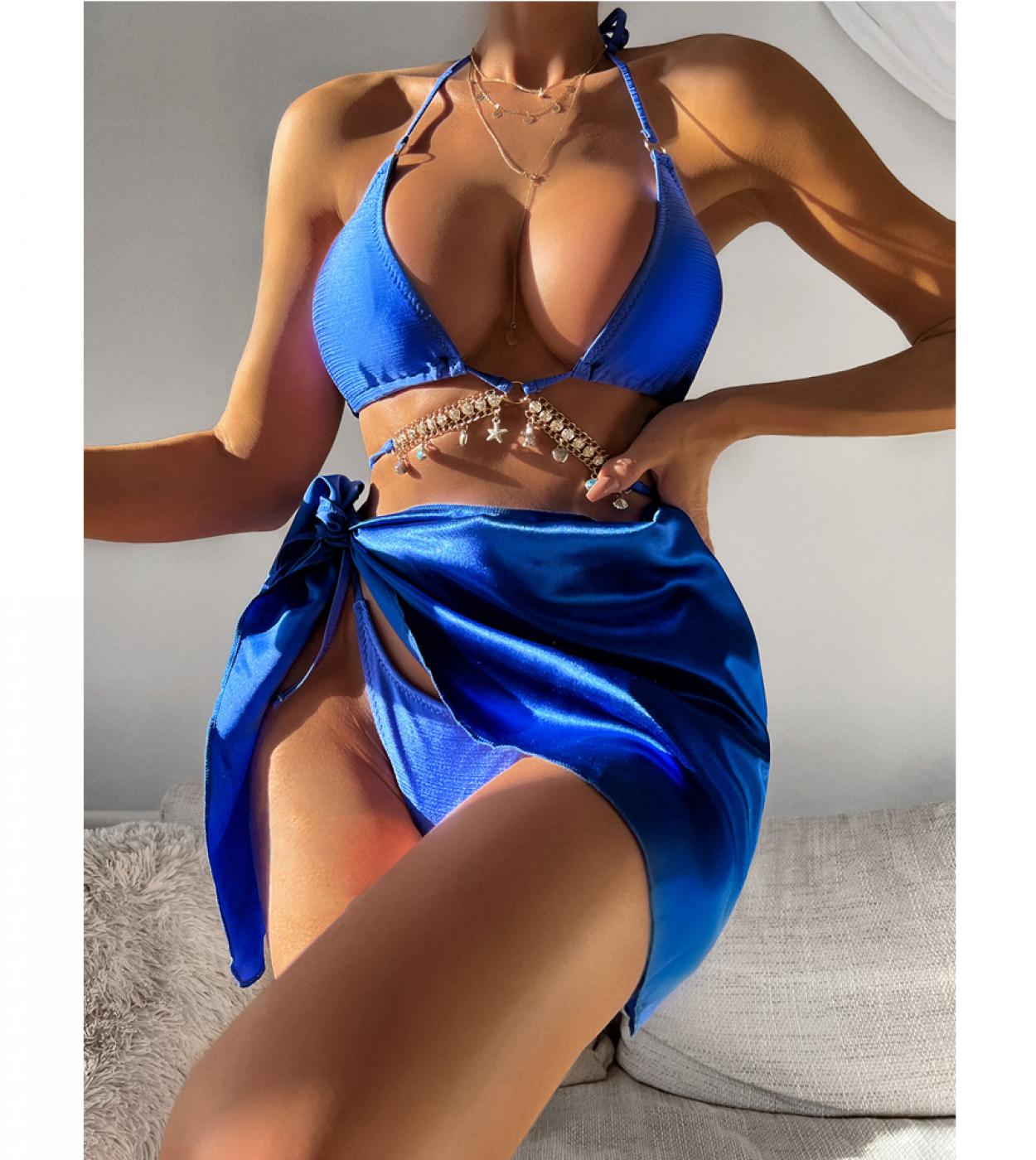 Bikini bleu Royal 2023 luxe strass 3 pièces maillot de bain femmes taille haute jupe à lacets maillot de bain dos nu plage Swi