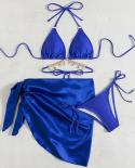 Bikini bleu Royal 2023 luxe strass 3 pièces maillot de bain femmes taille haute jupe à lacets maillot de bain dos nu plage Swi
