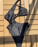Black Conjoined Bikini 2023 Women Single Shoulder One Piece Swimwear  Hollow Out Bathing Suit Summer Beachwear Monokini 