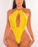Conjoined Bikini Fluorescent Yellow One Piece Swimwear Women 2023 Hollow Out Halter Beach Monokini Summer Bathing Suit Y