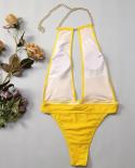 Conjoined Bikini Fluorescent Yellow One Piece Swimwear Women 2023 Hollow Out Halter Beach Monokini Summer Bathing Suit Y