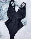 купальник женский One Piece Bikini Women 2023 Solid Color Black Cross Bandage Backless Swimwear Summer B