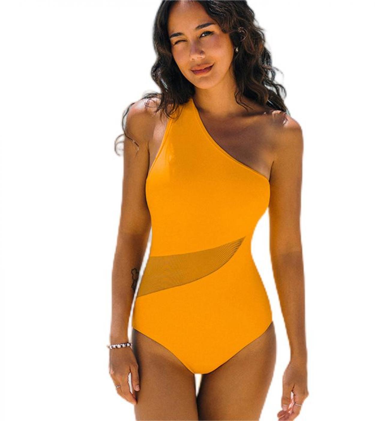 Yellow Bikini One Piece Swimsuit 2023 Women  One Shoulder Bodysuit Slim Beach Swimwear Halter Backless Bathing Suit Qj30