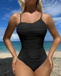 Women Rib Swimwear 2023 Solid Color One Piece Swimsuit Special Fabric Bikini Irregular Suspender Monokini Bathing Suit B