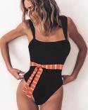 Women One Piece Bikini 2023 Black Swimwear  High Waist Stripe Waistband Swimsuit Monokini Backless Summer Beachwear Hca0