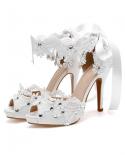 Highheeled Shoes Womens Sandals Weddings Bridal Rhinestones Off White Thin Heels Shoes Summer Dress Silk Strap Ladies P