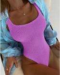 Solid Color Bodysuit Bikini Women 2023 Special Fabric Wrinkle Cloth Fluorescence Swimsuit Square Neck Suspender Beach Sw