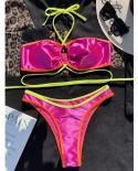 Swimsuit Women 2023  Hot Pink Metallic Luster Split Bikini 2 Piece Swimwear Cross Bandage Female Beach Bathing Suit Yx13