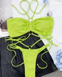 Pleated Fabric Bikini  Cross Bandage Halter Swimwear Two Piece Bikini Summer Cut Out Bathing Suit High Waist Beachwear L