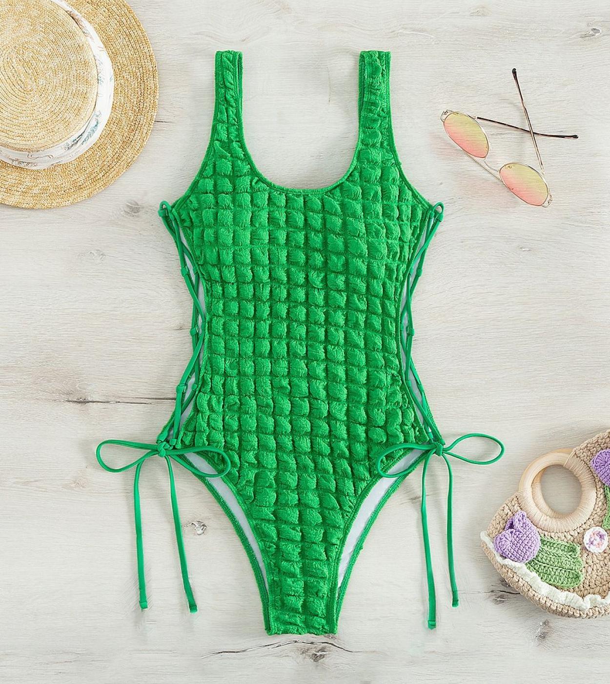 Bubble Grid Bikini Women 2023 New Solid Green Swimwear One Piece Swimwear Bandage Cross Lace Up Hollow Out Swimsuit Bath