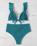 Pleated Fabric Bikini  Ruffle Suspender Swimwear 2 Piece Bikini Set Triangle Bag Backless Bathing Suit High Waist Beachw