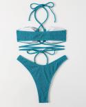 Pleated Fabric Bikini  Cross Bandage Halter Swimwear Two Piece Bikini Set Summer Cut Out Bathing Suit High Waist Beachwe