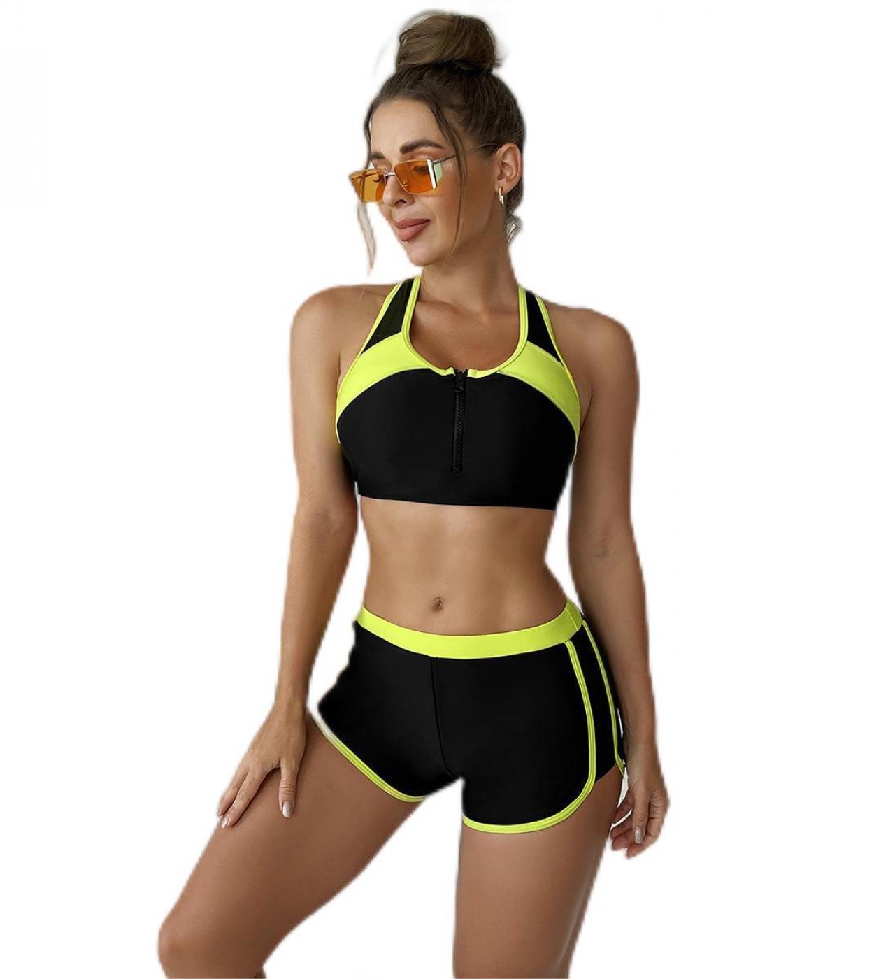 2023 New Solid Color Splicing Bikini Split Swimsuit Women  Zipper Bathing Suit Suspender High Waist Boxer Beachwear Wxcj