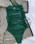 Green Conjoined Bikini 2023 Women Wrinkle Slim One Piece Swimwear  Drawstring Lace Up Bathing Suit Beachwear Monokini Lg