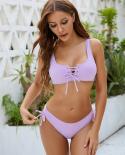 Women Swimsuit Light Purple 2023  Chest Lace Up 2 Piece Bikini U Neck Suspender Swimwear Beach Backless Bathing Suit Bak