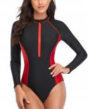 One Piece Swimsuit Women 2023 Long Sleeves Sunscreen Surf Wear Solid Color Stitching Zipper Conservative Beach Swimwear 