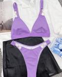  Bikini 2022 Women Solid Color 2pieces Triangle Bag Swimsuit Vneck Backless Beach Bathing Suit Low Waist Ring Swimwear N