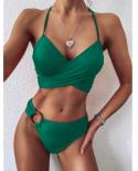 Swimsuit Women 2023  Solid Color High Waist Bikini Push Up Cross V Neck Summer Beach Two Piece Swimwear Nylon Material