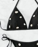 Women Swimsuit 2023 Black High Waist 2 Piece Bikini Shell Decoration  V Neck Suspender Bathing Suit Summer Beachwear Zms
