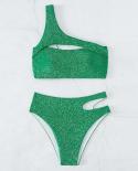  Glitter Bikini 2023 Green Shiny Swimsuit Women Single Shoulder Hollow Out Hiah Waist Beach Bathing Suit Swimwear Oldl11
