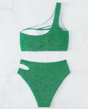  Glitter Bikini 2023 Green Shiny Swimsuit Women Single Shoulder Hollow Out Hiah Waist Beach Bathing Suit Swimwear Oldl11
