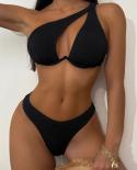 Black Bikini Set 2023 Two Piece Single Shoulder Sling Swimsuit Women  Hollow Out Push Up Padded Beach Bathing Suit Dy22a