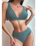 Grey Green Swimsuit Women 2023 3 Point High Elasticity Two Piece Bikini V Neck Bathing Suit High Waist Swimwear Beachwea