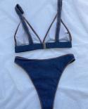 Denim Blue Swimsuit Women 2023 High Waist 2 Piece Bikini  Triangle Cup V Neck Suspender Backless Bathing Suit Swimwear L