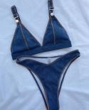 Denim Blue Swimsuit Women 2023 High Waist 2 Piece Bikini  Triangle Cup V Neck Suspender Backless Bathing Suit Swimwear L