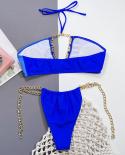 בגד ים שרשרת מתכת נשים 2023 כחול שני חלקים ביקיני חלול בגדי ים חוטיני גבוה מותן בגד ים ללא גב xmc973