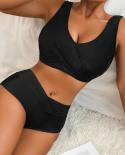 Solid Color Bikini Set Women 2 Piece High Waist Swimsuit 2023  V Neck Chest Wrapping Swimsuit Back Lace Up Beachwear Pxa