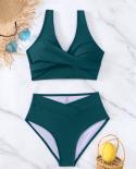 Solid Color Bikini Set Women 2 Piece High Waist Swimsuit 2023  V Neck Chest Wrapping Swimsuit Back Lace Up Beachwear Pxa