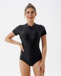2023 One Piece Swimsuit Women Solid Black Bikini Short Sleeve Sunscreen Surfing Suit Slim Monokini Beach Swimwear Wxcj00
