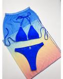 Blue Cover Ups 3 Piece Bikini Gradient Slit Skirt Swimsuit Women Swimwear V Neck Suspender Bathing Suit Backless Biquini