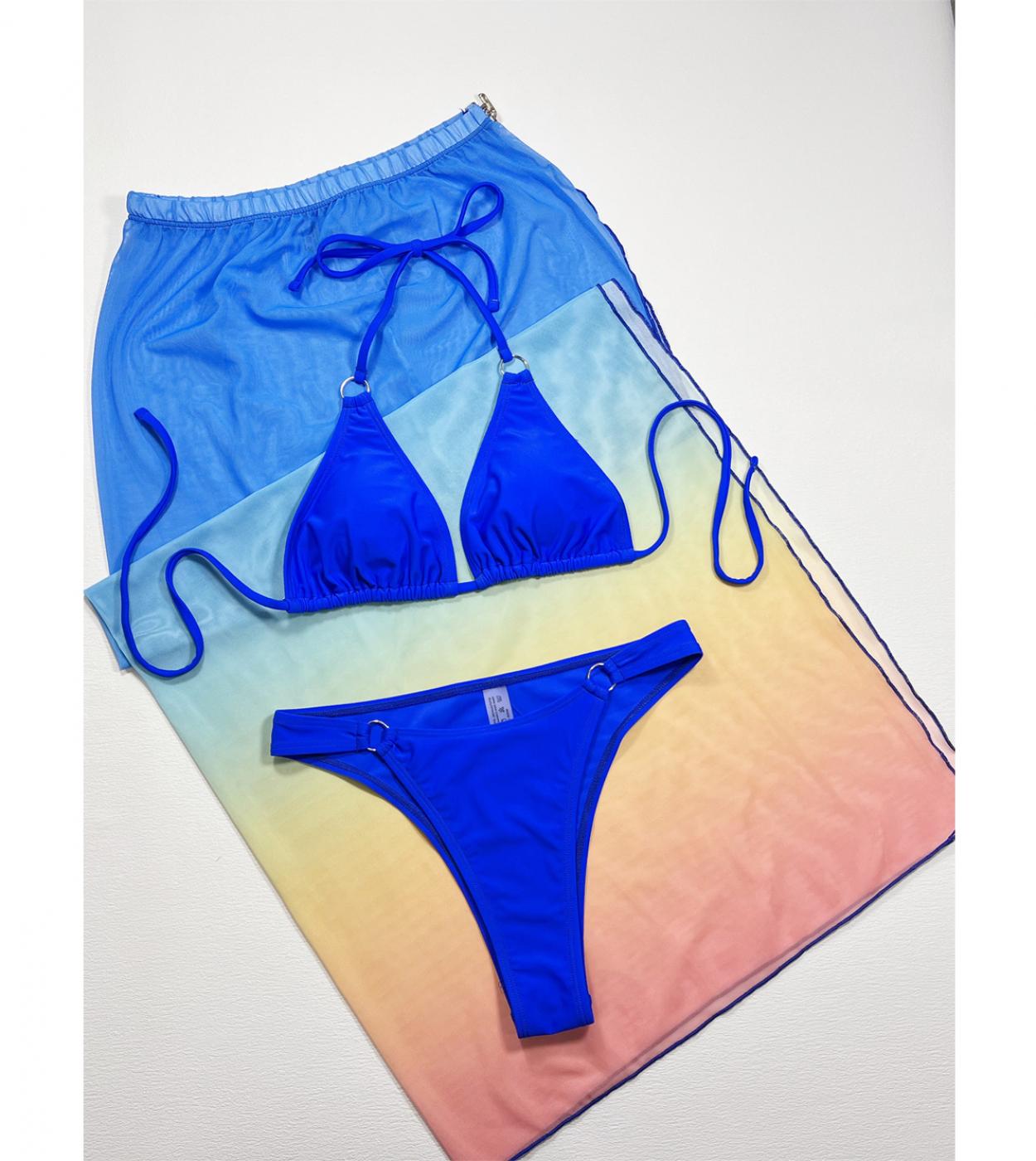 Blue Cover Ups 3 Piece Bikini Gradient Slit Skirt Swimsuit Women Swimwear V Neck Suspender Bathing Suit Backless Biquini