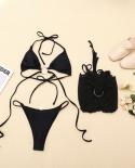 Solid Black  Chiffon Three Piece Bikini Triangle Bag Halter Backless Swimwear Tulle Skirt Thong Cross Bandage Bathing Su